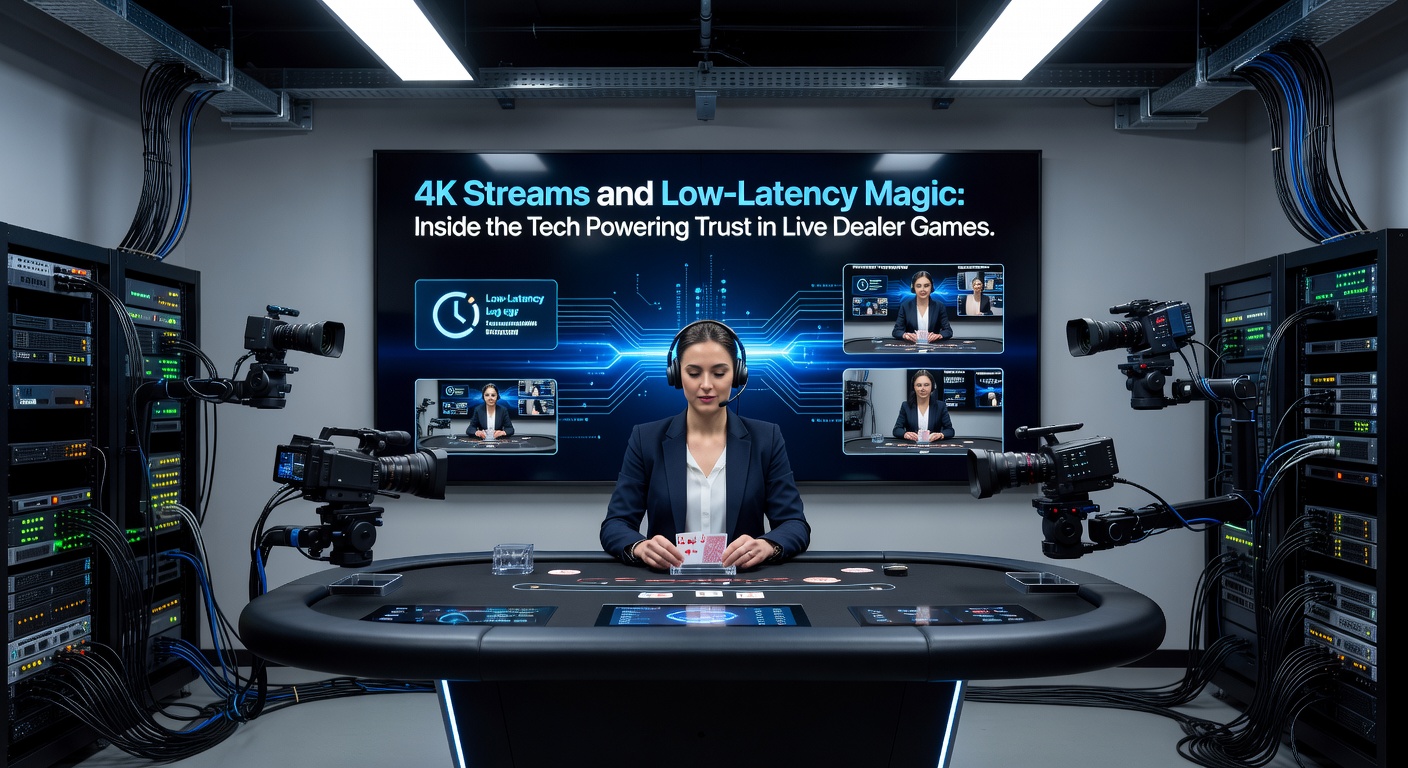 Diagram illustrating low-latency data flow from live dealer studio through edge servers to player devices, highlighting key tech components like WebRTC and CDNs