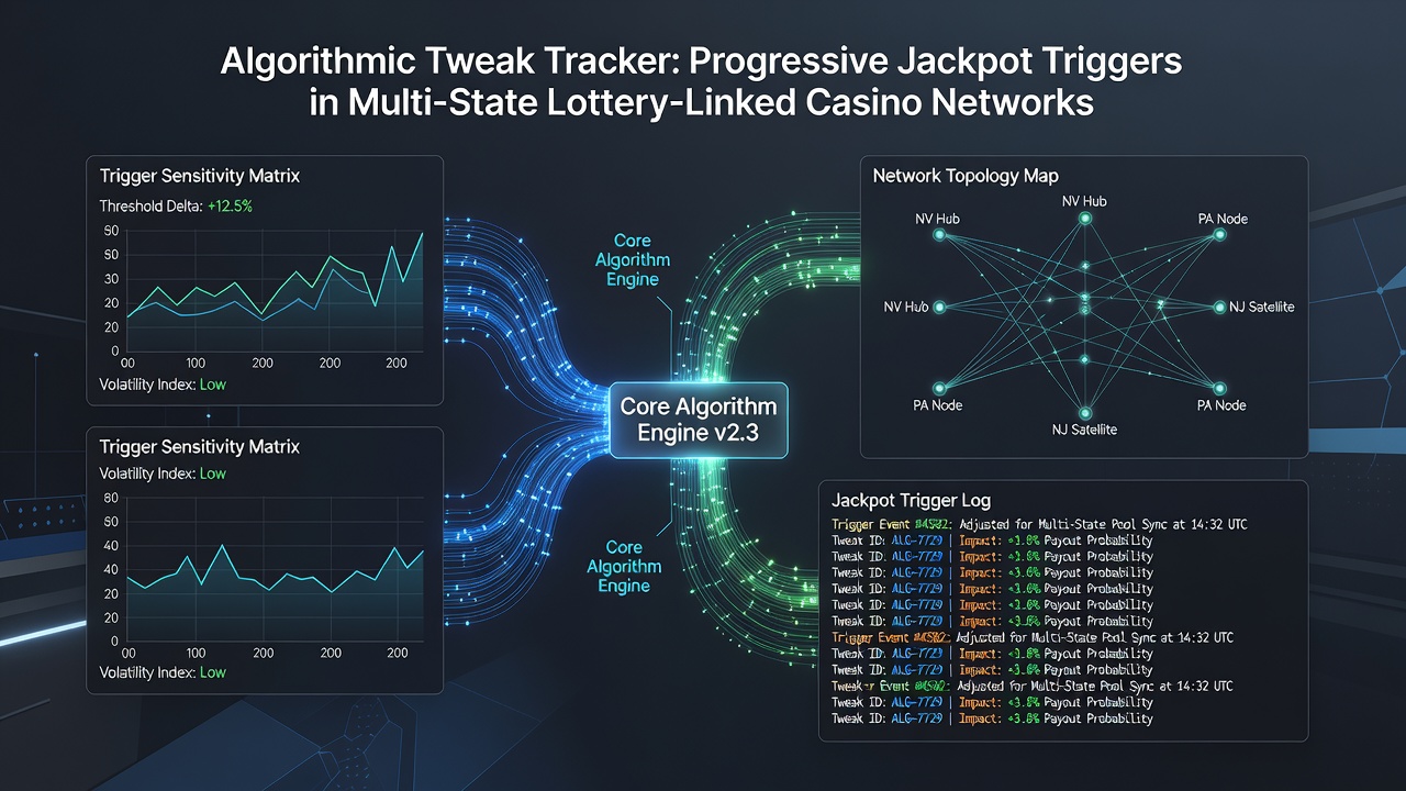 Diagram showing interconnected progressive jackpot systems across multiple state casino networks with algorithmic trigger points highlighted