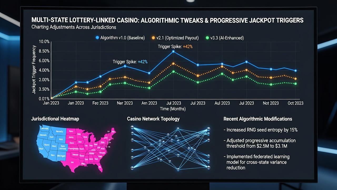Analytics dashboard displaying real-time progressive jackpot pool growth and trigger frequency adjustments across linked casino sites