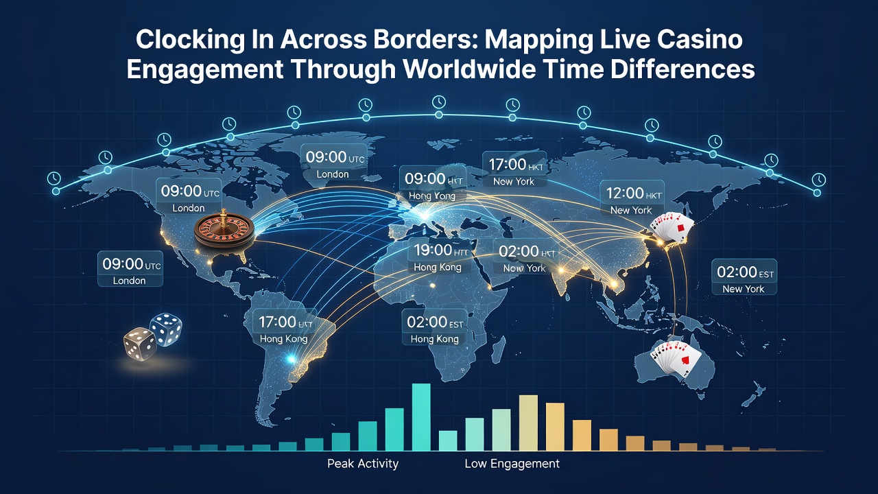 Global time zone map illustrating live casino player activity patterns across continents
