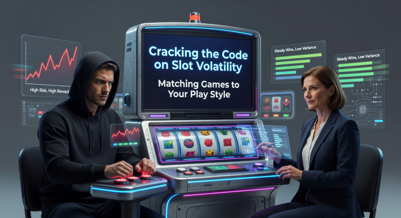 Vibrant slot machine reels spinning with volatility indicators overlayed, showing low, medium, and high risk symbols