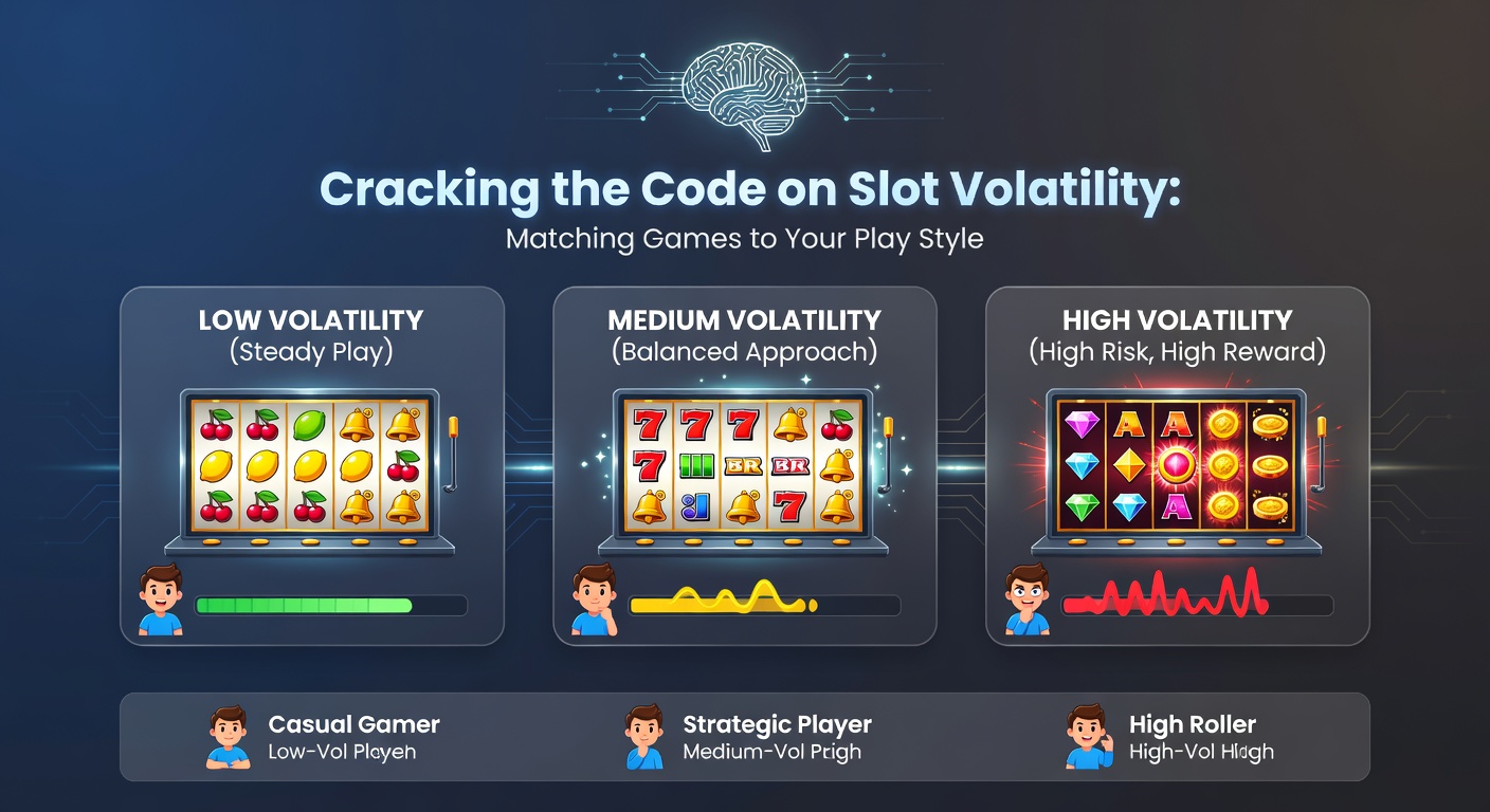 Player at a casino slot bank analyzing game screens with volatility charts and payout graphs displayed