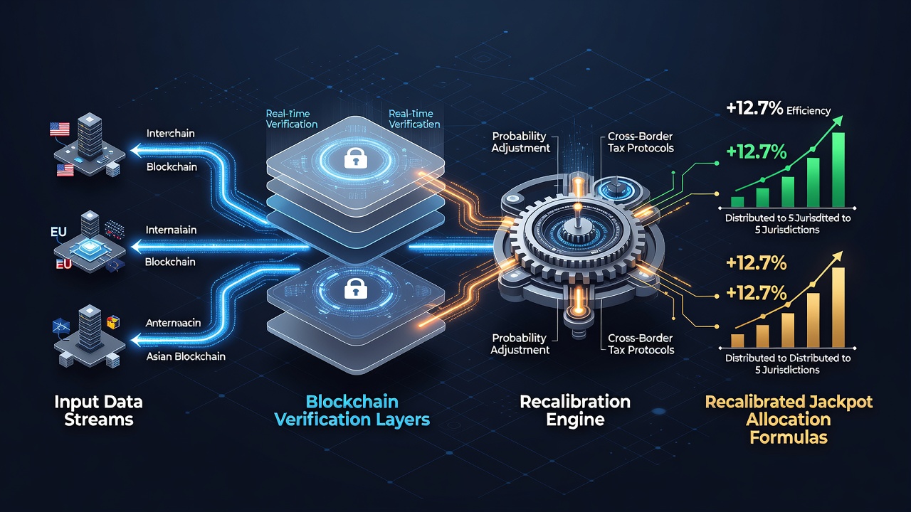 Dashboard screenshot displaying real-time progressive jackpot meter with jurisdiction breakdown and blockchain block height