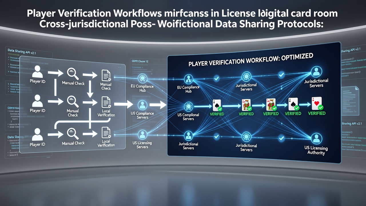 Digital card room interface displaying secure player verification dashboard with cross-border data exchange indicators