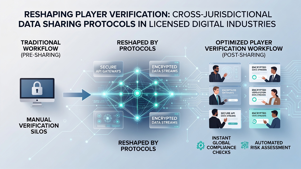 Network diagram illustrating encrypted data flows between licensed card rooms across multiple jurisdictions