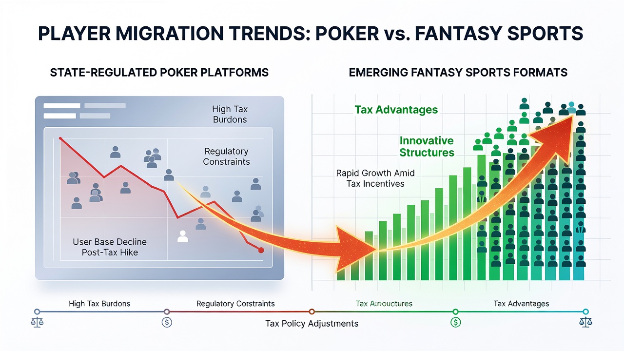 Illustration showing player migration trends from poker tables to fantasy sports interfaces amid changing tax rules