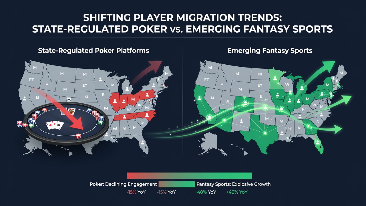 Graph depicting account activity shifts between poker and fantasy sports platforms from 2025 to mid-2026