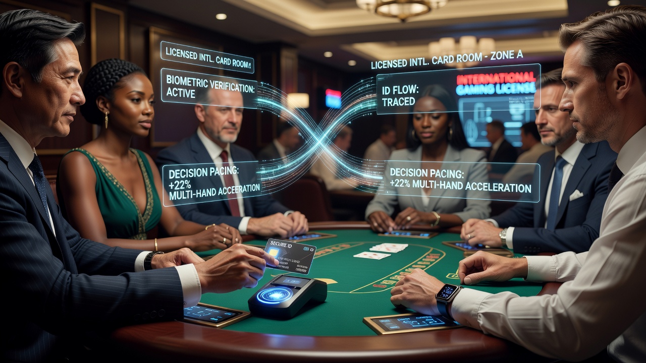 Biometric scanning station at an international card room with players verifying identity before multi-table sessions