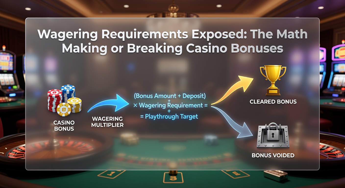 Visual breakdown of wagering requirements formula showing deposit, bonus, and multiplier calculations